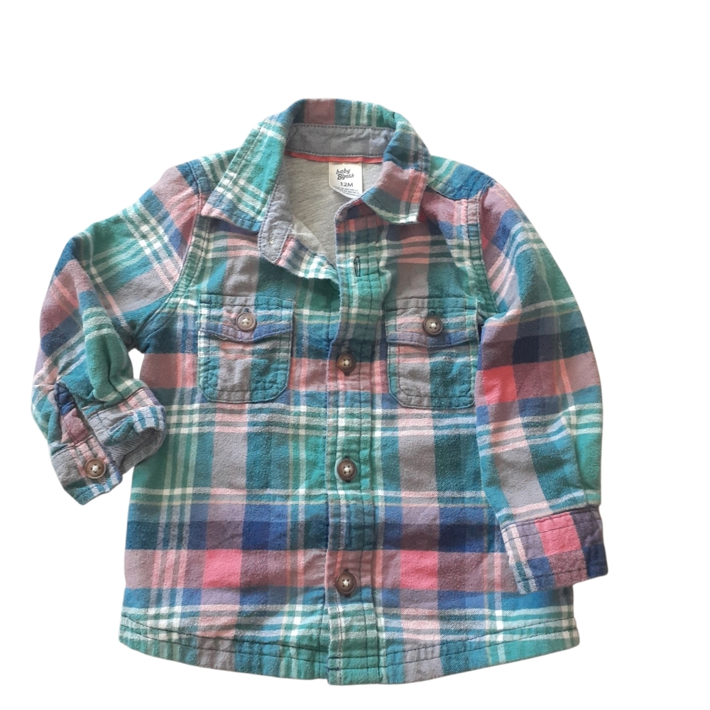 OshKosh B'gosh Plaid Button Down Shirt Lined Long Sleeved Blue Green Pink 12M
